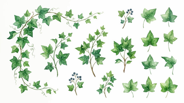 Leaves and vines with blueberries are arranged on a white background