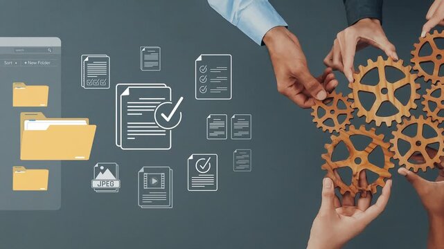 Collaborative Workspace with Hands Over Papers and Documents in Modern Office with Digital File Management System Sigmoid