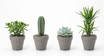 Fototapeta premium Collection of Succulent, Cactus and Indoor Houseplants in Pots Isolated on White Background