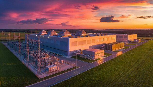 AI Data Center at Golden Hour Sunset