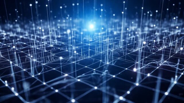 Digital blue grid with glowing nodes and data spikes in cyberspace