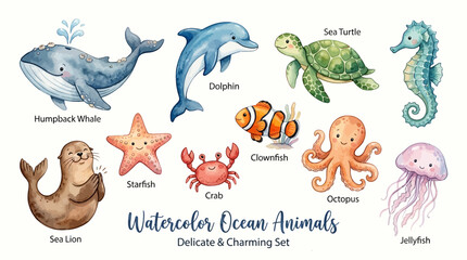 Delicate ocean animals swim in a charming watercolor scene with dolphin sea turtle octopus crab starfish and jellyfish © Avra