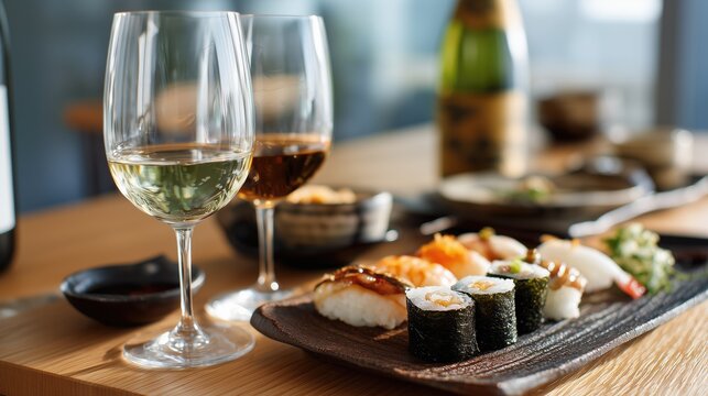 Growth mindset fuels this hybrid work lunch featuring premium sushi, sake, and wine&mdash;perfect for content marketing visuals on professional development and mindful dining.