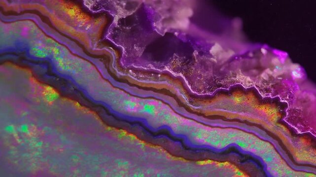 Purple amethyst crystal layers glowing with vibrant light in a smooth flowing abstract motion video clip