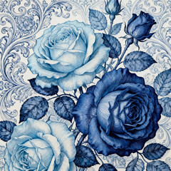 Obraz premium Vintage Blue Line Drawing Illustration of Layered Blue Roses with Ornate Baroque Scroll Floral Background