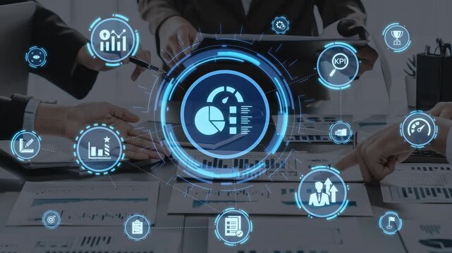 KPI icons show performance metrics, goals, and achievement measurement. KPI helps business track progress, KPI supports management, and KPI improves strategy results. Funnel