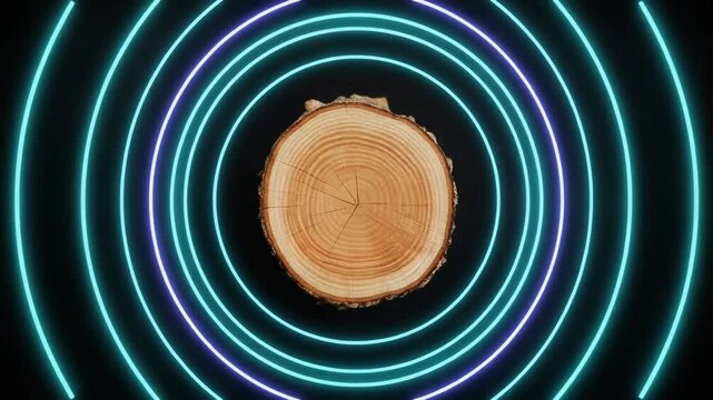 Tree stump cross section surrounded by vibrant glowing neon blue circular rings in motion video animation