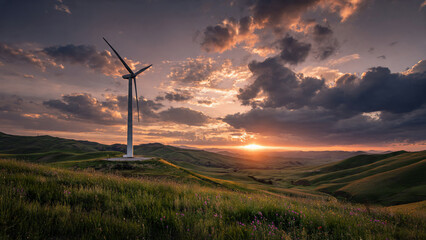 Obraz premium Single wind turbine in rolling green hills at sunset with dramatic clouds, suitable for renewable energy, nature, and landscape photography