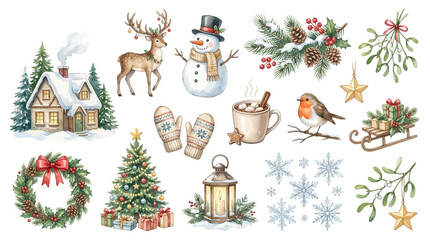 Winter scene with snowman reindeer Christmas tree and decorations on display outside © Avra