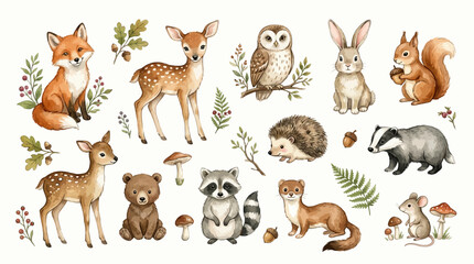 Obraz premium Various forest animals gather in a serene natural setting with plants and mushrooms