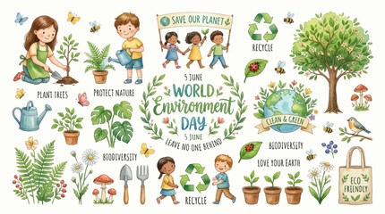Fototapeta premium Children celebrate World Environment Day by planting trees and protecting nature outdoors together.