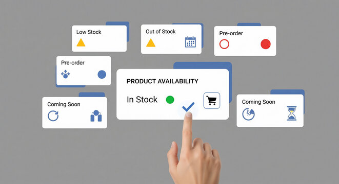 Finger touching "In Stock" status on a product availability interface with various statuses, perfect for e-commerce, retail and inventory management solutions