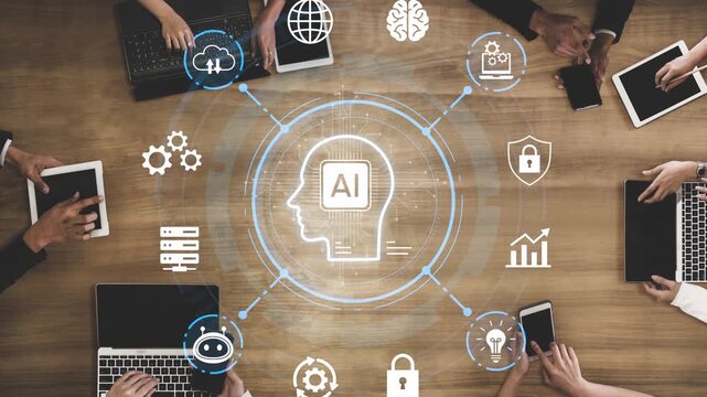 Diverse Group Collaborating on Artificial Intelligence Ideas with Technology Tools and Digital Icons on Wooden Table in Modern Office Environment. Entropy.