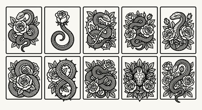 Traditional snake and rose tattoo flash art set with floral motifs