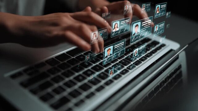 Hands Typing on Keyboard with Digital Identity Cards Displayed, Representing Virtual Communication and Data Management in a Modern Workspace Sigmoid