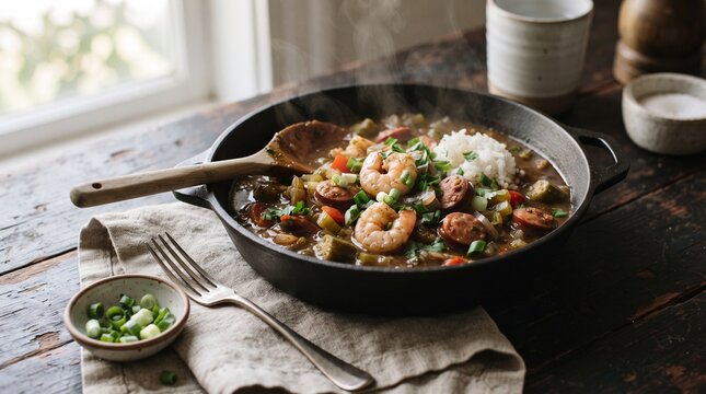 Cajun shrimp sausage gumbo cookbook food photography editorial image