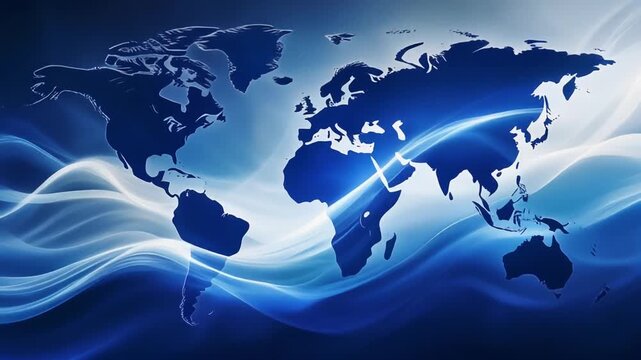 World map silhouette over flowing blue digital motion light waves in this abstract video animation background