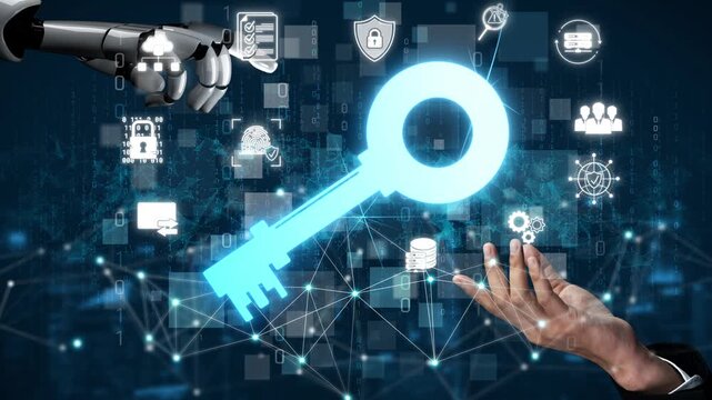 Digital Security Concept with Robotic Hand and Human Hand Reaching for Key in Cybernetic Environment Representing Access and Data Protection Sigmoid
