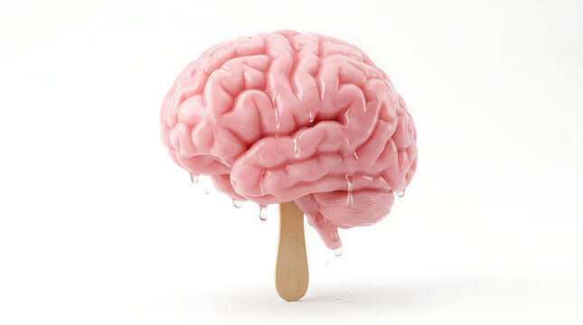 Pink brain on a wooden stick on white background with sweet treat