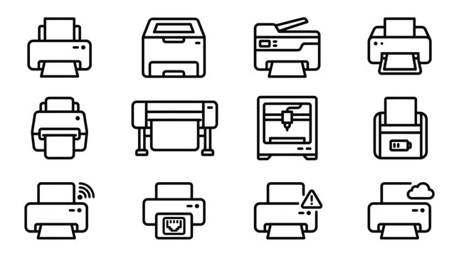 Diverse Printer Icon Set Featuring Various Technologies and Functions
