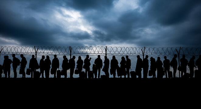 Silhouettes of people with luggage against stormy sky silhouette dramatic refugees migration uncertainty emigration oppression immigration