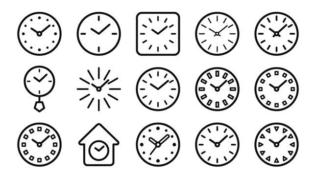 Collection of Clock Icons Representing Time Measurement and Punctuality