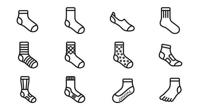 Collection of Twelve Sock Icons with Diverse Patterns and Styles