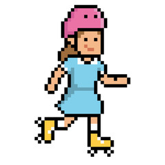 Fototapeta premium Cute female roller skater character wearing a pink helmet and blue dress skating on yellow quad skates