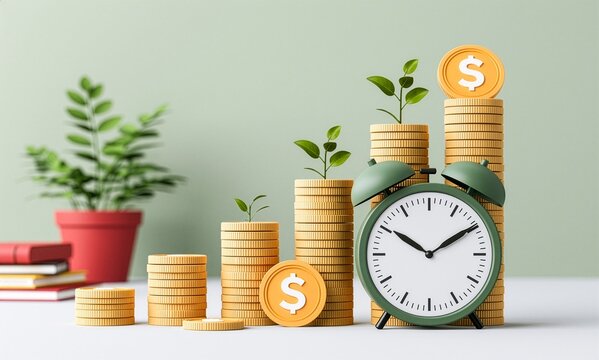 Time Value of Money concept with growing coin stacks, alarm clock and young plants symbolizing long term investment and financial growth
