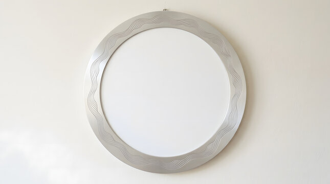 Decorative circular frame with wave pattern mounted on a plain white wall in a minimalist style