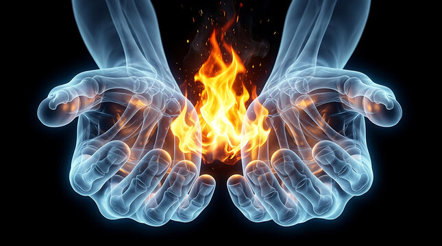 Burning hands with glowing blue skeleton and orange flames rising