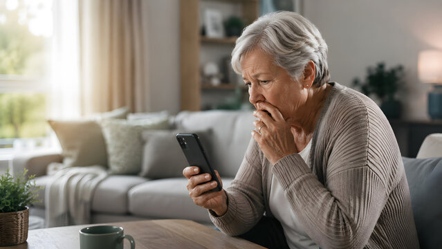 Concerned Senior With Smartphone at Home