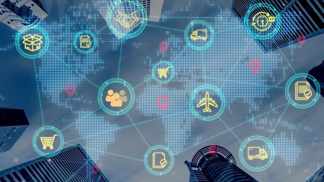 Network Connectivity and Digital Communication Concept Over Cityscape with Icons Representing Transportation, Delivery, and Business Activities. Entropy.