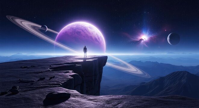 A breathtaking vista from a rugged extraterrestrial cliff overlooking a glowing violet planet, distant ringed moons, and a vast nebula, interstellar, dusk, night sky
