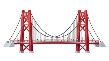 Fototapeta premium Red suspension bridge illustration with pedestrians walking on it isolated on white background