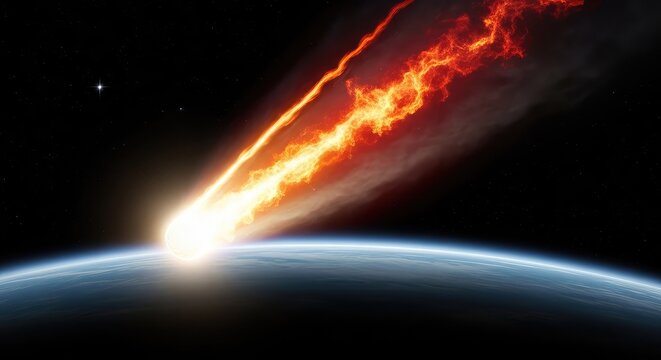 A glowing celestial body descends through the stratosphere, creating a fiery trail of heat and light against the dark curve of a planet, heat, universe, dark