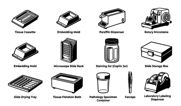 Medical Histology Pathology Laboratory Equipment Icon Set Featuring Microtome Paraffin Dispenser Slide Racks Embedding Molds and Specimen Containers Vector Graphic