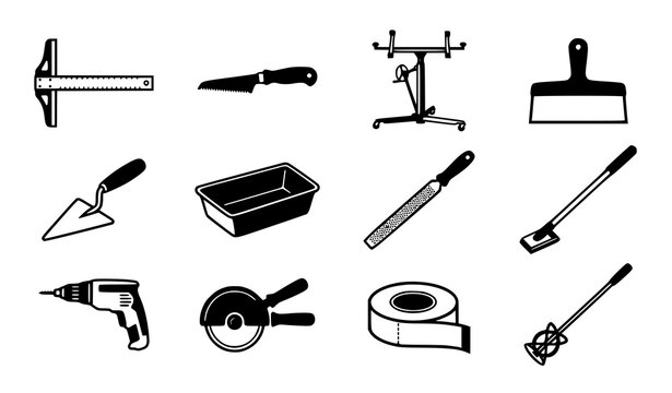 Drywall Installation and Plastering Construction Hand Tools Icon Set Featuring T Square Saw Trowel Lifter Drills and Joint Tape Vector Graphic