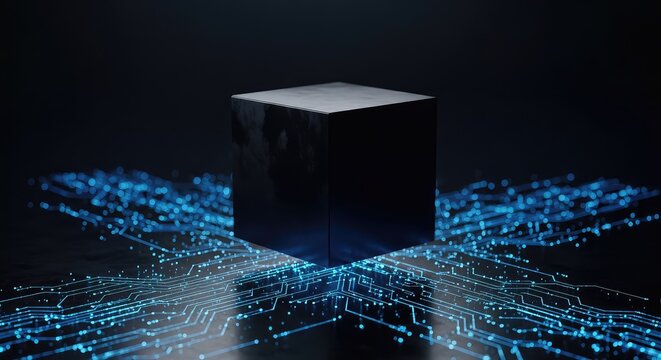 A monolithic black cube floats in a dark void surrounded by glowing blue circuit patterns and digital light streams, symbolizing security, black, encryption, cyber