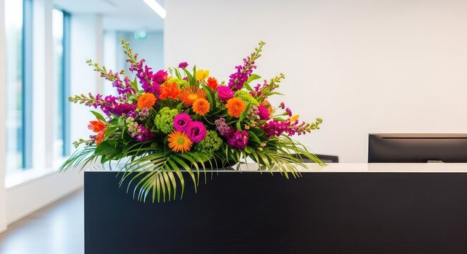 A modern office reception area features a vibrant flower arrangement on a sleek desk, creating a warm and professional welcoming atmosphere, glass, welcoming, counter