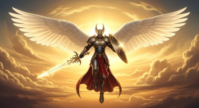 A powerful celestial entity with expansive white wings holds a glowing sword and shield against a backdrop of dramatic golden sunset clouds, feathers, sword, dawn