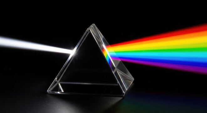 A sharp beam of white light enters a transparent triangular glass prism, refracting into a vibrant rainbow spectrum on a dark background, illumination, geometry, triangular