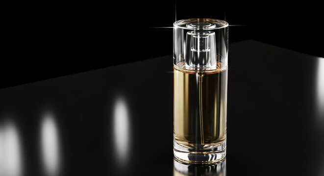 A sleek glass perfume bottle stands elegantly on a dark black surface, reflecting subtle light glimmers and showcasing clear liquid within, dark, scent, shiny