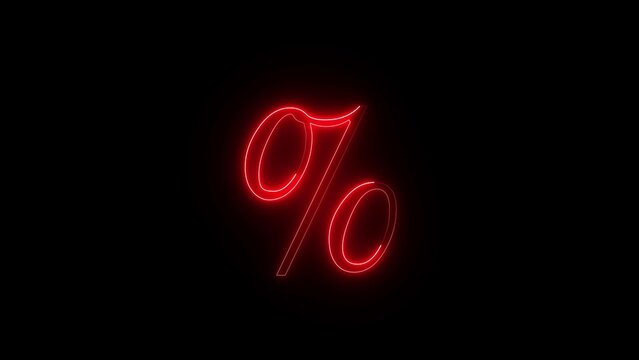 Red neon percentage symbol on black background, glowing cursive icon for finance and sales concept.