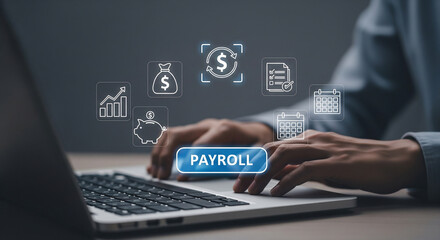 Fototapeta premium Digital payroll interface with glowing icons showing finance, calendar, and workflow, concept for business operations, HR management and accounting software.