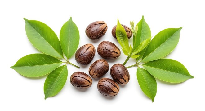 Baobab fruit seeds and vibrant green leaves isolated on a white backdrop. High quality image featuring a clipping path for easy extraction, white background, adansonia, food