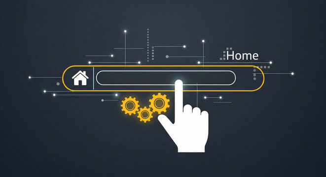 Digital cursor clicking on search bar with home icon and gears, concept for website navigation, digital interface and technology development