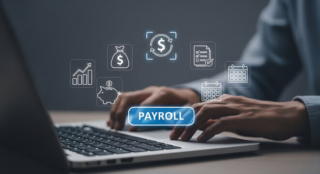 Digital payroll interface with glowing icons showing finance, calendar, and workflow, concept for business operations, HR management and accounting software.