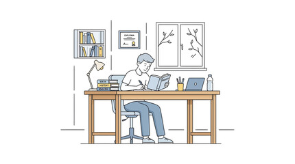 Fototapeta premium Young man studying at desk, home office, learning, writing, laptop