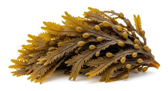 Detailed macro view of fresh brown fucus seaweed showcasing intricate organic textures and air bladders isolated on a pure white background, bladderwrack, organic, marine